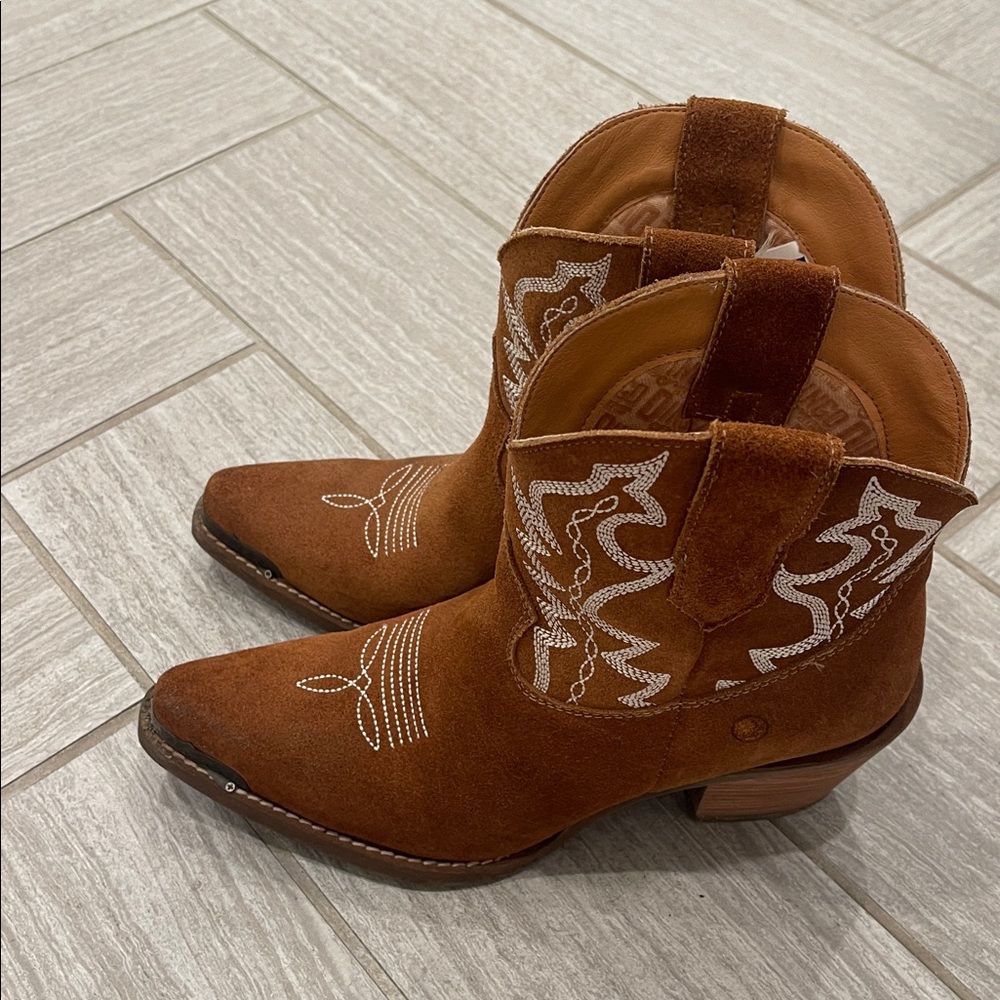Dingo Brown Suede Cowboy Boots with Embroidery - Picture 3 of 5